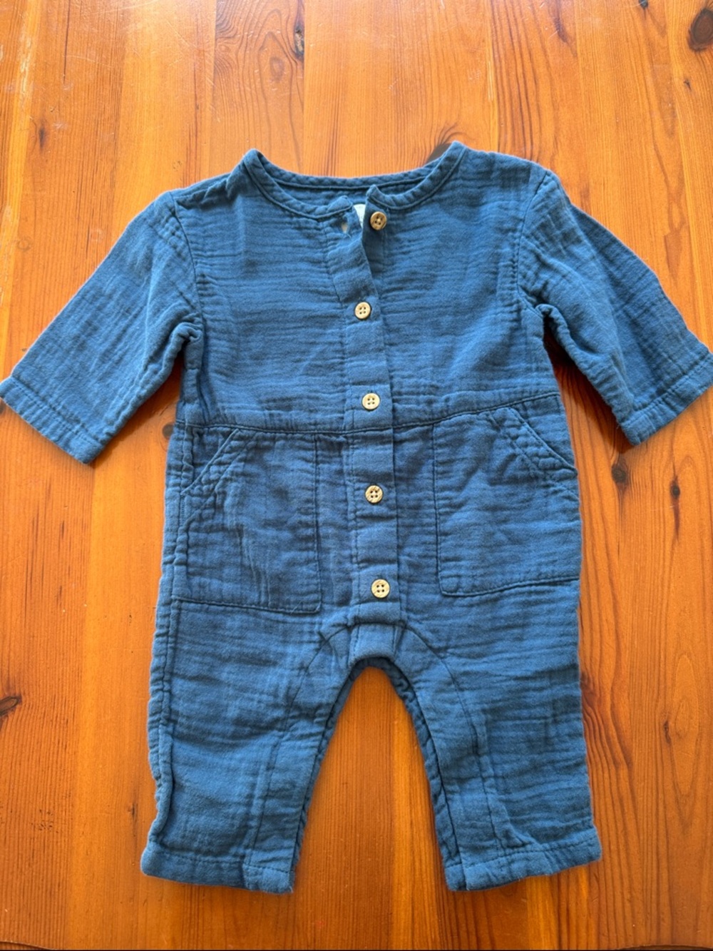 Baby Cotton Gauze Blue Romper with Front Buttons